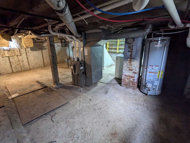 basement with heating unit and water heater