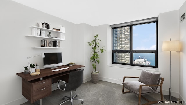 view of carpeted home office