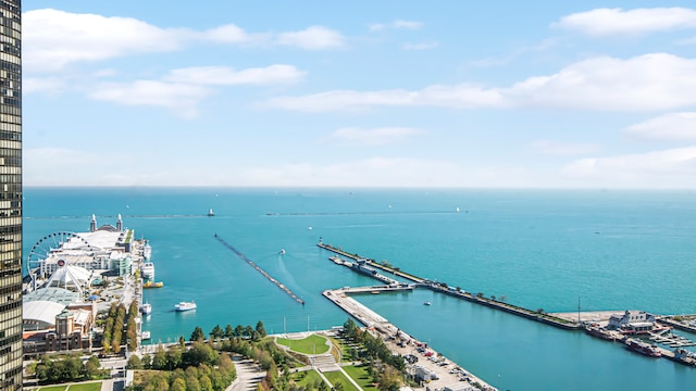 bird's eye view with a water view