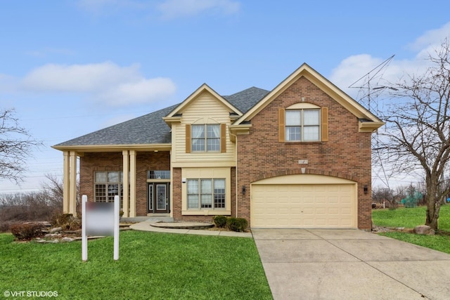 traditional-style house featuring a garage, brick siding, concrete driveway, and a front yard