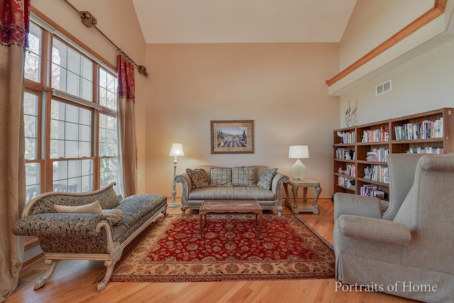 living room with wood-type flooring and high vaulted ceiling