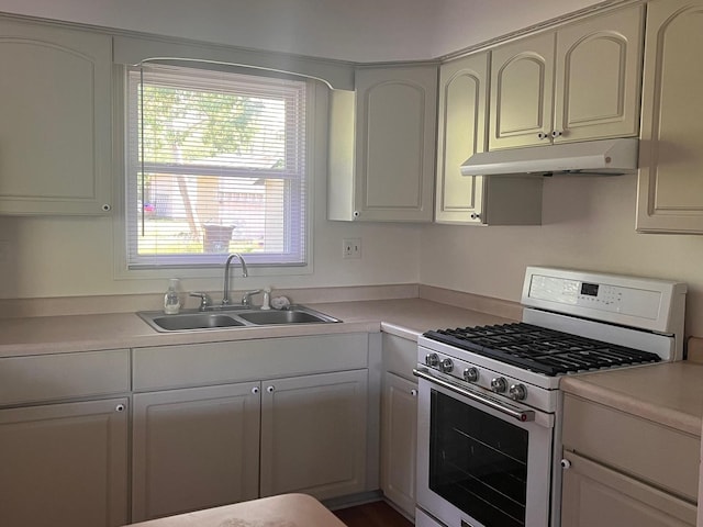 kitchen featuring white gas stove and sink