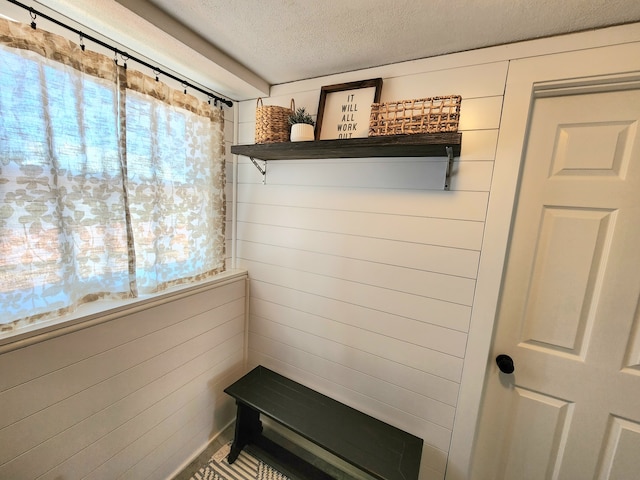 mudroom with a textured ceiling