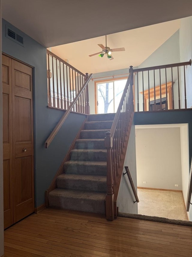 staircase featuring ceiling fan and hardwood / wood-style floors