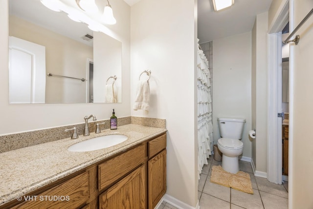 bathroom with toilet, a notable chandelier, vanity, visible vents, and tile patterned floors