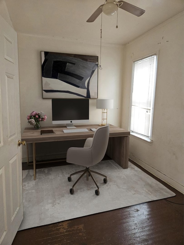 office space with ceiling fan and hardwood / wood-style floors