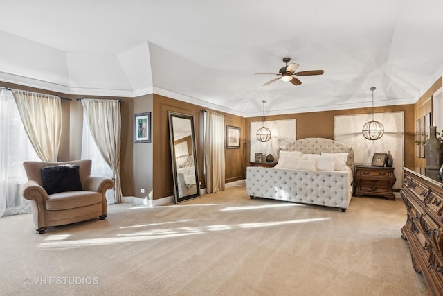 bedroom with carpet, lofted ceiling, and baseboards