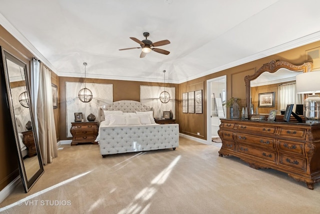 carpeted bedroom featuring lofted ceiling, visible vents, ornamental molding, and connected bathroom