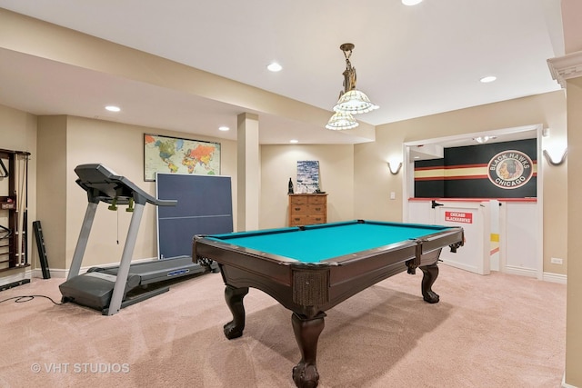 game room with carpet floors, recessed lighting, billiards, and baseboards