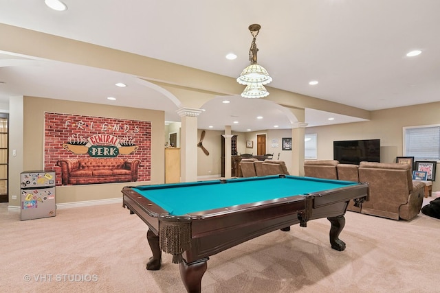 playroom with recessed lighting, carpet, and ornate columns