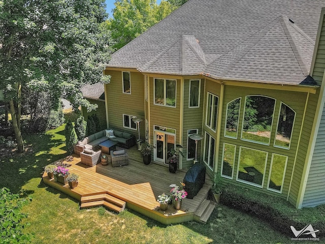 back of house with a yard, a wooden deck, an outdoor hangout area, and roof with shingles