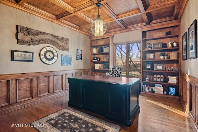 home office featuring wooden ceiling, built in shelves, coffered ceiling, and wood finished floors