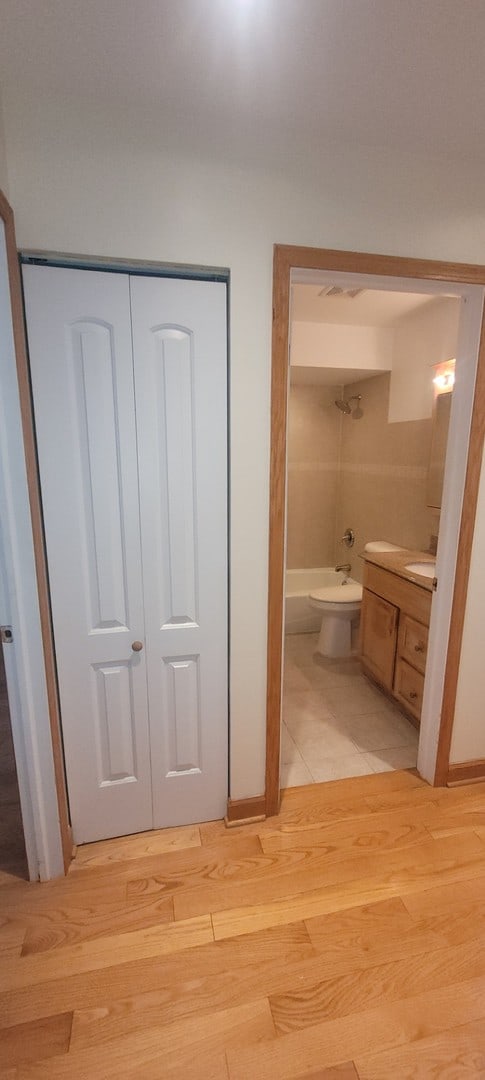 bathroom with wood-type flooring and vanity