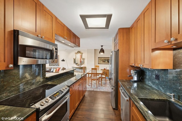 kitchen with dark stone countertops, sink, dark hardwood / wood-style floors, and appliances with stainless steel finishes