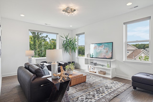 living room featuring dark hardwood / wood-style flooring and a wealth of natural light