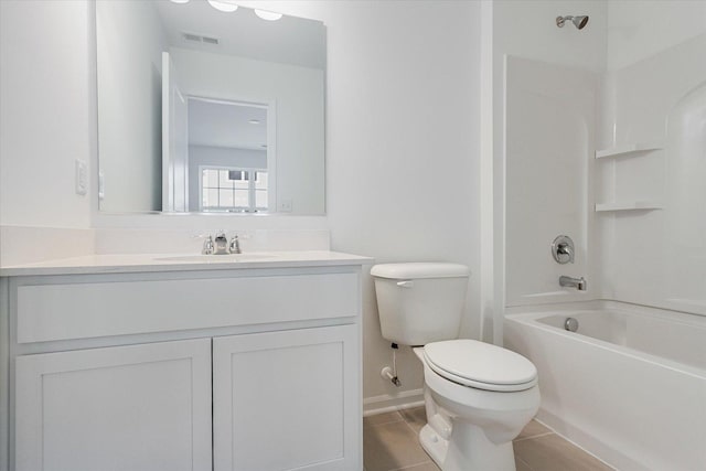 full bathroom with tile patterned flooring, toilet, shower / bath combination, visible vents, and vanity