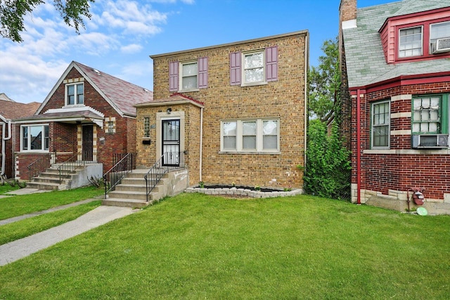 view of front facade featuring cooling unit and a front yard