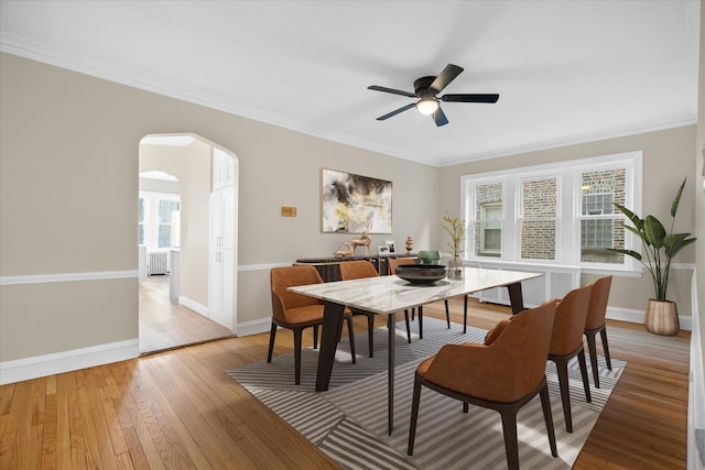 dining room with ceiling fan, ornamental molding, and light hardwood / wood-style floors