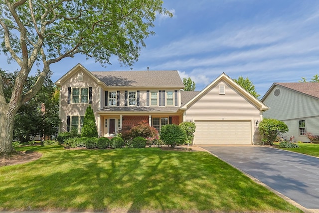 colonial house with a garage and a front lawn