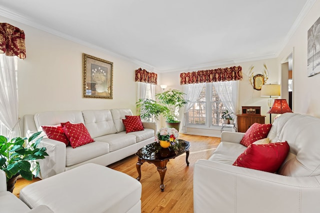 living room featuring crown molding and light hardwood / wood-style flooring