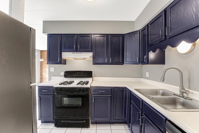 kitchen with stainless steel dishwasher, black range with gas stovetop, light tile patterned floors, and sink