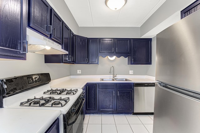 kitchen with sink, light tile patterned floors, and stainless steel appliances