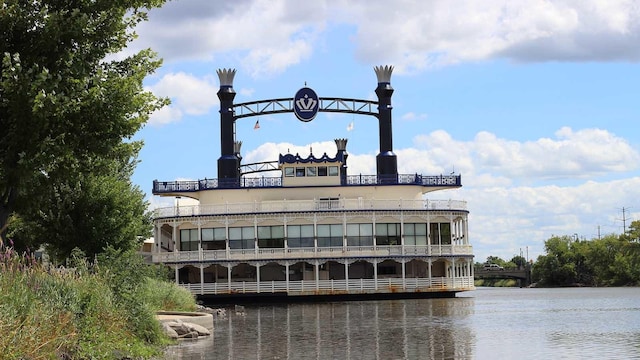 view of building exterior with a water view