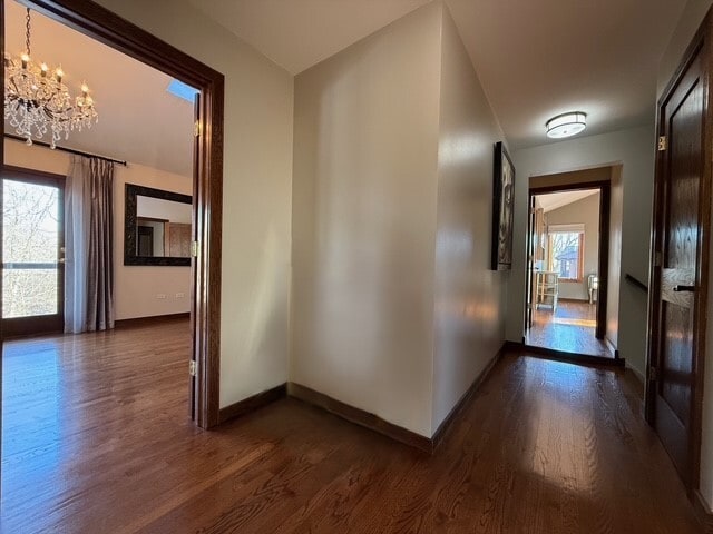 corridor featuring baseboards, dark wood-type flooring, and a healthy amount of sunlight