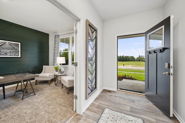 foyer entrance with light hardwood / wood-style flooring