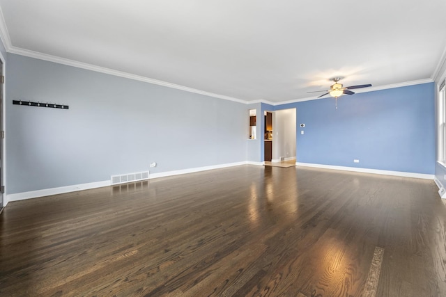 unfurnished living room with crown molding, ceiling fan, and dark wood-type flooring