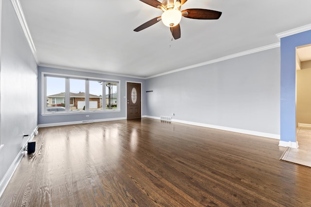 unfurnished living room with ceiling fan, dark hardwood / wood-style floors, and ornamental molding