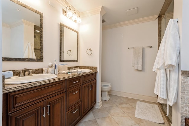 bathroom featuring toilet, vanity, tile patterned floors, and ornamental molding