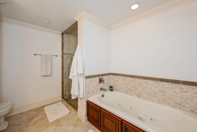 bathroom with plus walk in shower, toilet, and crown molding