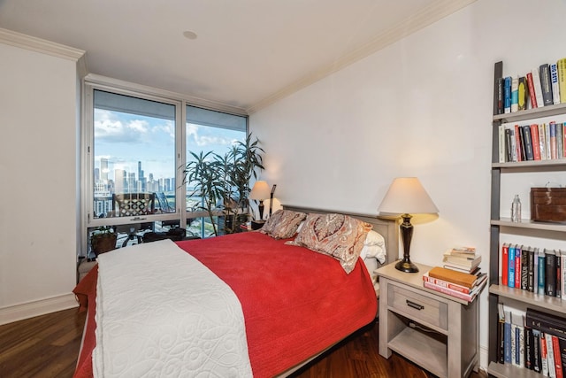 bedroom featuring floor to ceiling windows, ornamental molding, and dark wood-type flooring