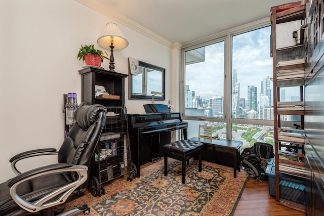 office area with plenty of natural light, a wall of windows, wood-type flooring, and crown molding