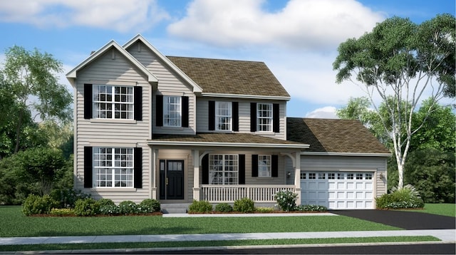 view of front of home with covered porch, a garage, and a front yard