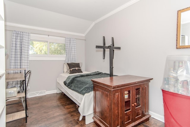 bedroom with dark hardwood / wood-style flooring, lofted ceiling, and ornamental molding