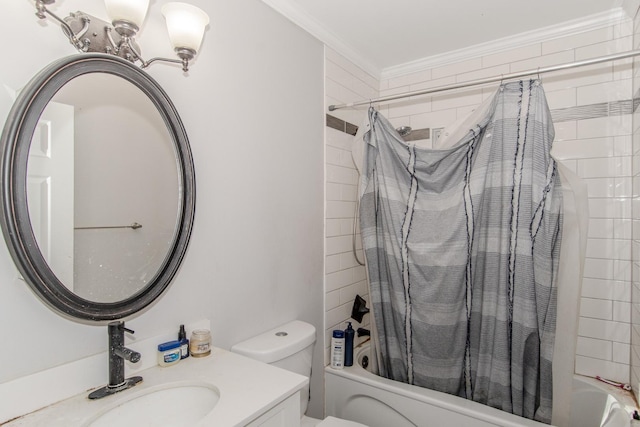 full bathroom with toilet, vanity, shower / tub combo, and ornamental molding