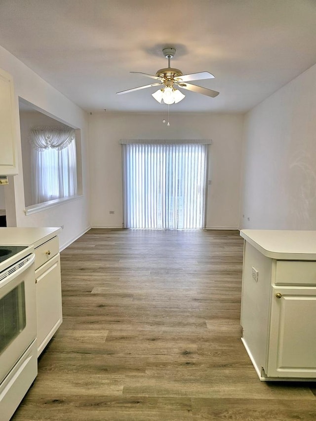 kitchen with light hardwood / wood-style floors, electric stove, and plenty of natural light