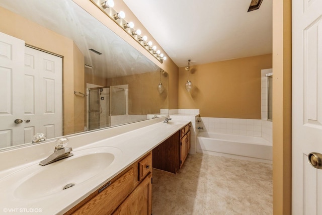 bathroom with shower with separate bathtub and vanity