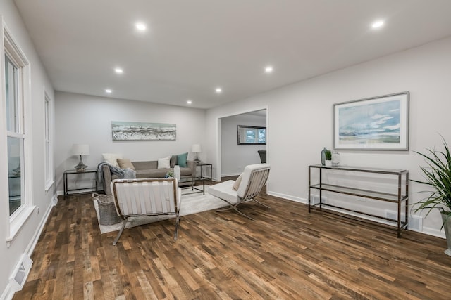 living room with dark hardwood / wood-style flooring