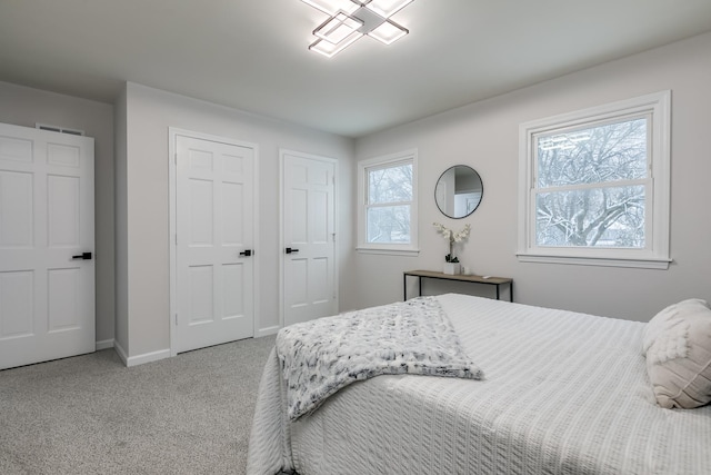 carpeted bedroom featuring multiple closets and multiple windows