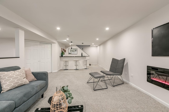 living room with carpet and bar area