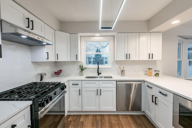 kitchen with sink, white cabinetry, stainless steel appliances, and dark wood-type flooring