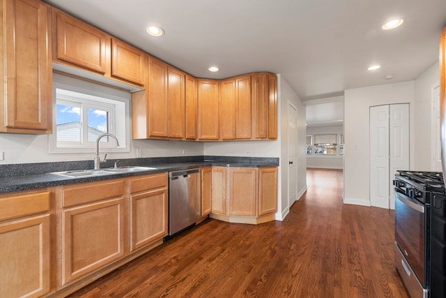 kitchen with sink, dark hardwood / wood-style floors, and appliances with stainless steel finishes