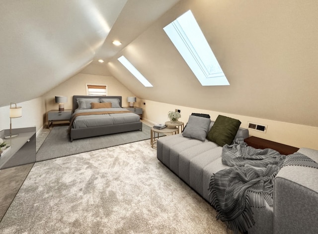 carpeted bedroom with lofted ceiling