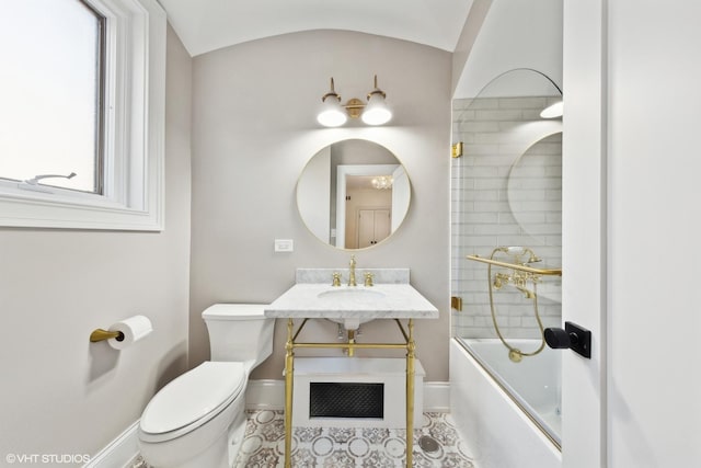 full bathroom with tile patterned floors, vanity, toilet, and enclosed tub / shower combo