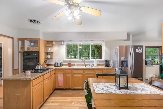 kitchen featuring light wood-type flooring, stainless steel appliances, ceiling fan, and sink