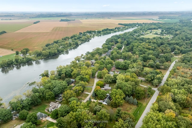 bird's eye view featuring a rural view and a water view