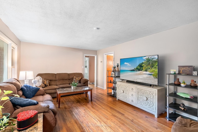 living room with light hardwood / wood-style floors and a textured ceiling